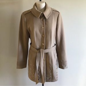 White House Black Market Eyelet Studded Coat Belted Jacket Tan Gold Size Large